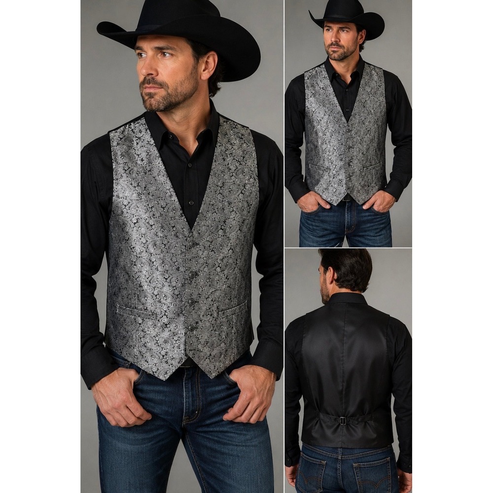 Scully Paisley Vest Men XL Silver Black Western Formal Notch Lapel Button Front